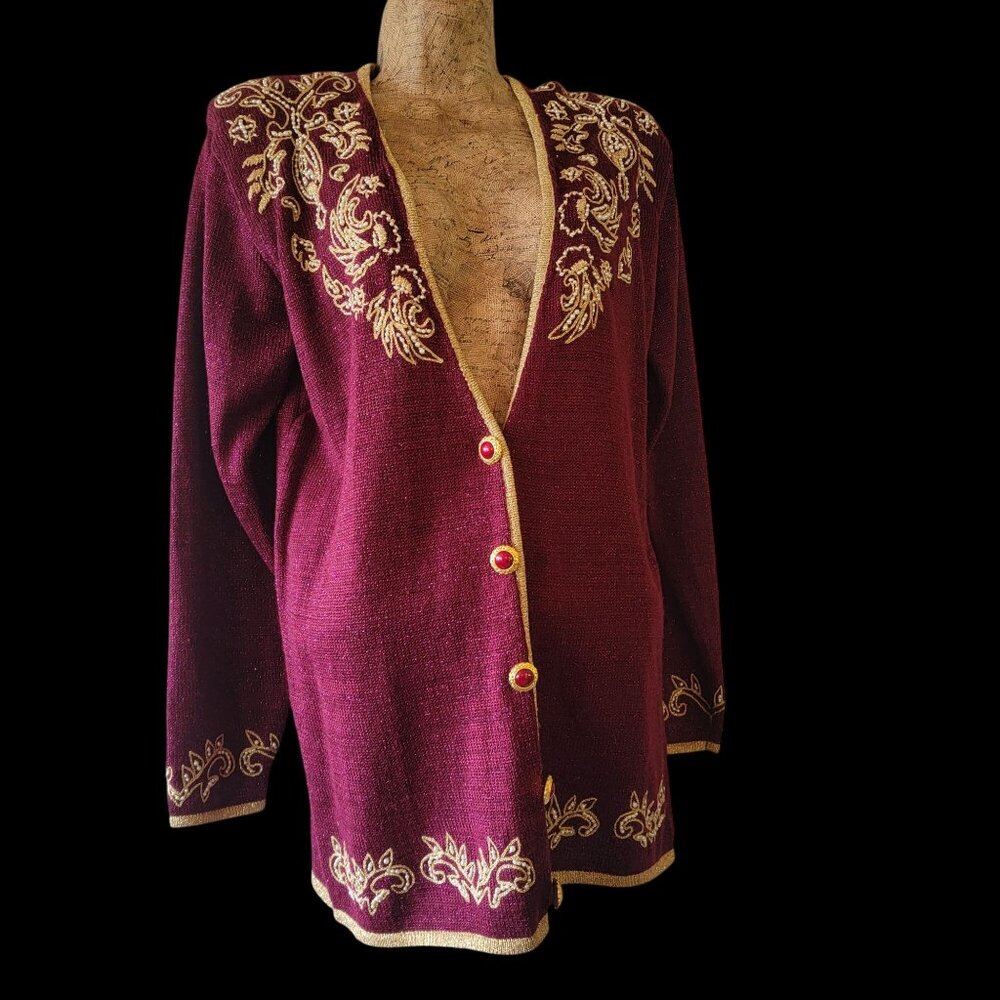 Vintage 90S Y2K Jaclyn Smith Petite Burgundy Cardigan Embroidery & Pearls Accent